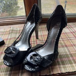 Black snakeskin BCBG heels